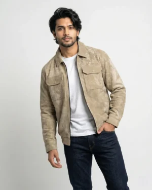 Sand Suede-Look Zip Trucker Jacket – Beige