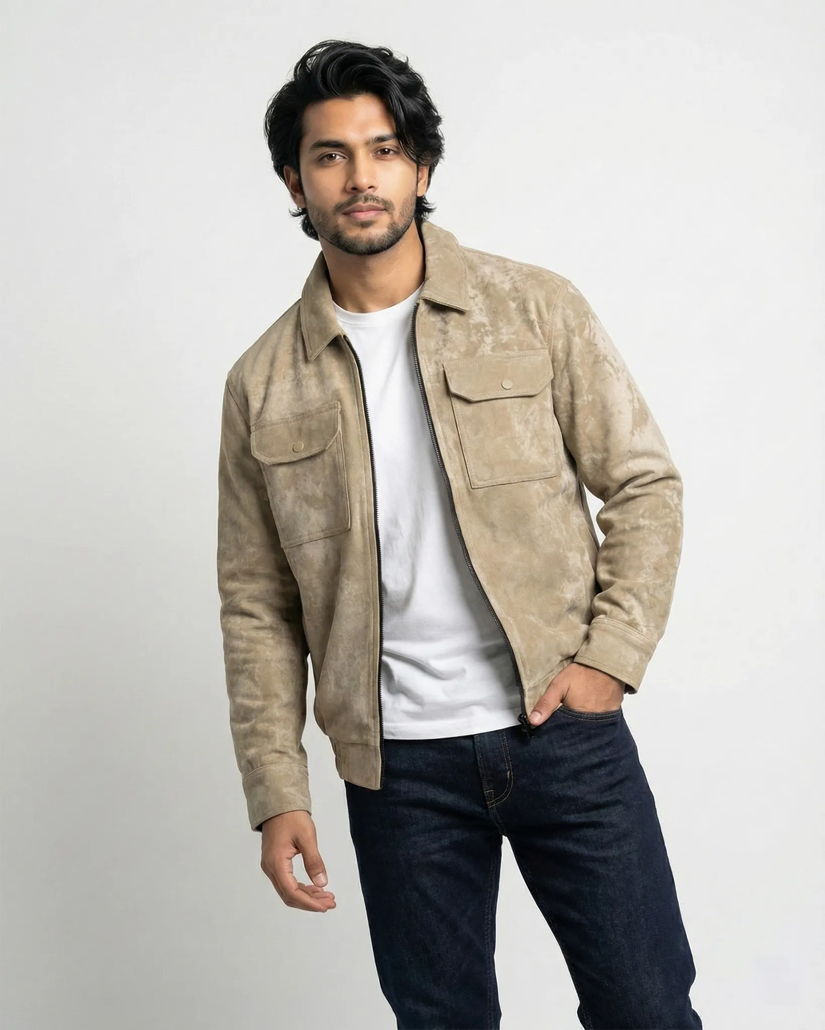 Sand Suede-Look Zip Trucker Jacket โ Beige