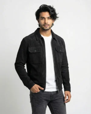 Midnight Suede-Look Zip Trucker Jacket – Black
