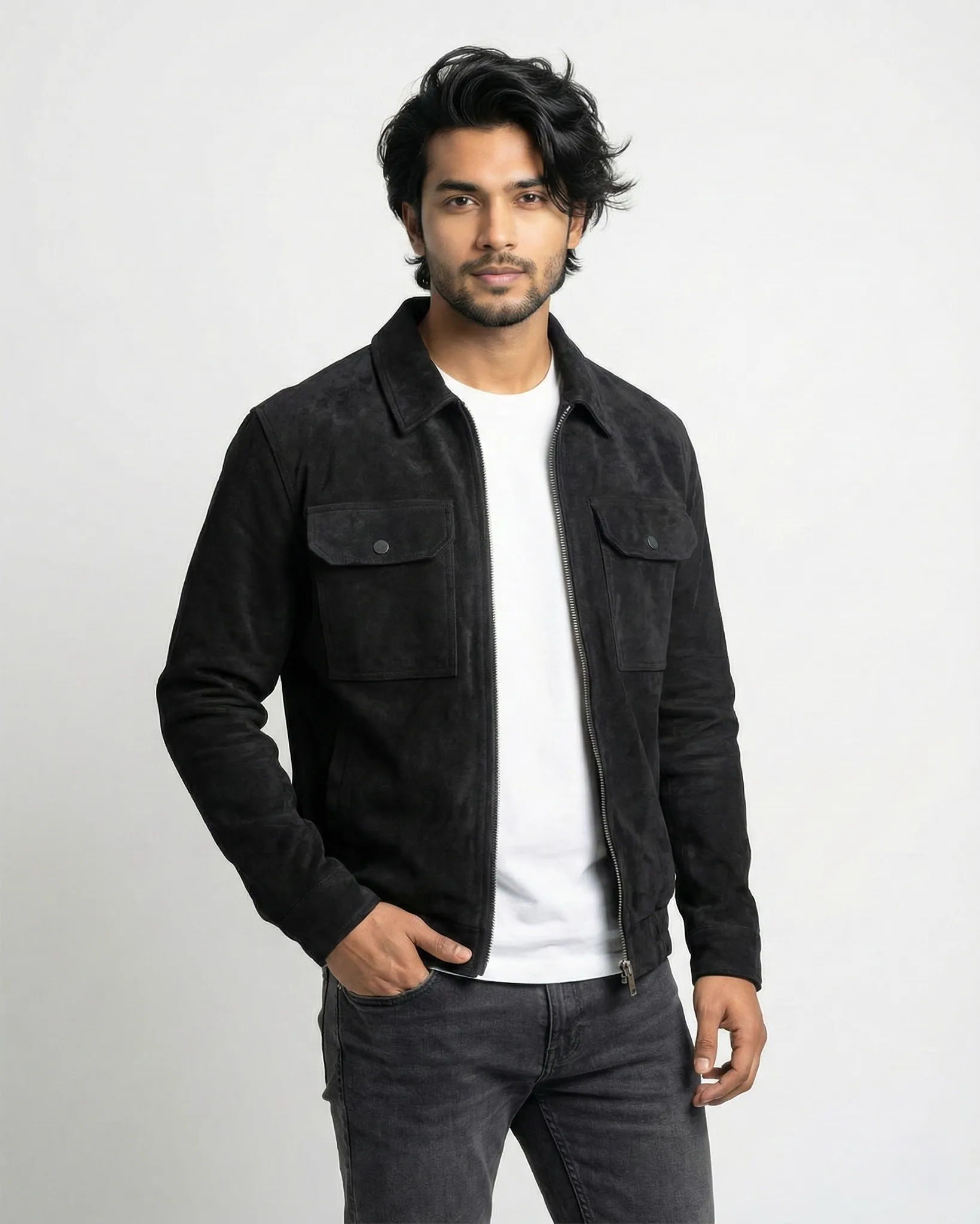 Midnight Suede-Look Zip Trucker Jacket – Black