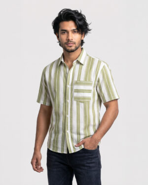 Olive & White Vertical Stripe Half Sleeve Shirt