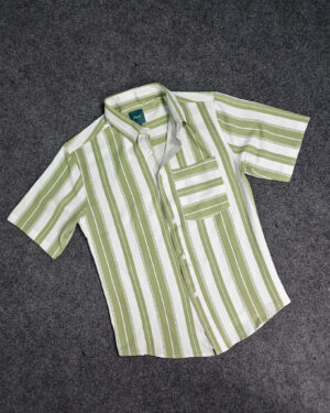 Olive & White Vertical Stripe Half Sleeve Shirt