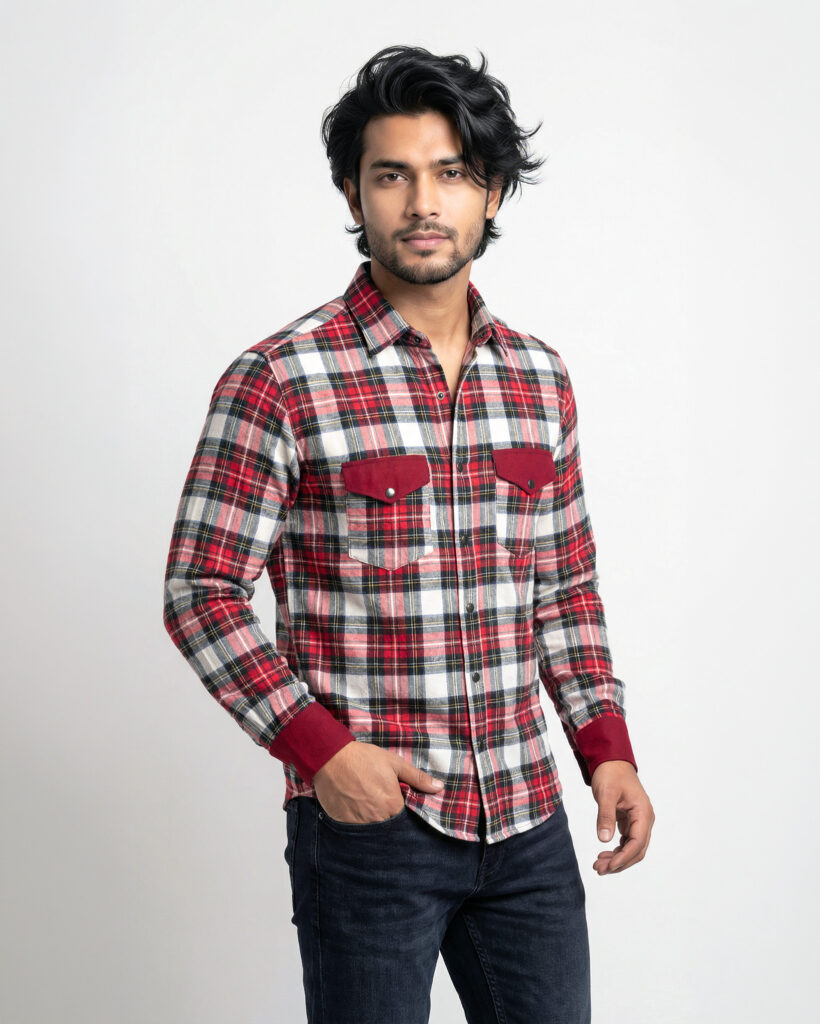 Men’s Red Plaid Check Casual Shirt (Full Sleeve)