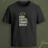 Black regular-fit T-shirt with “Code Coffee Commit Repeat” cream text and green code icon graphic.