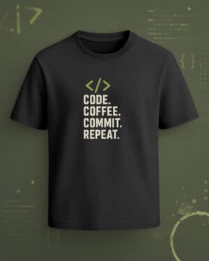 Black regular-fit T-shirt with “Code Coffee Commit Repeat” cream text and green code icon graphic.