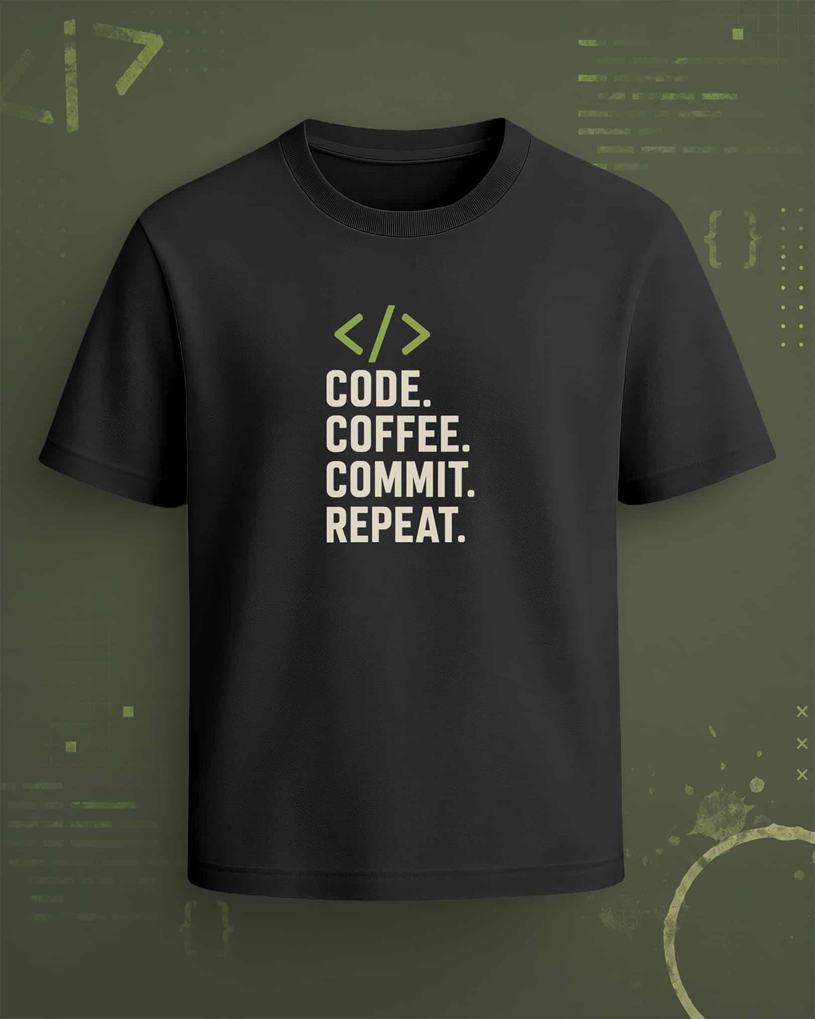 Black regular-fit T-shirt with “Code Coffee Commit Repeat” cream text and green code icon graphic.