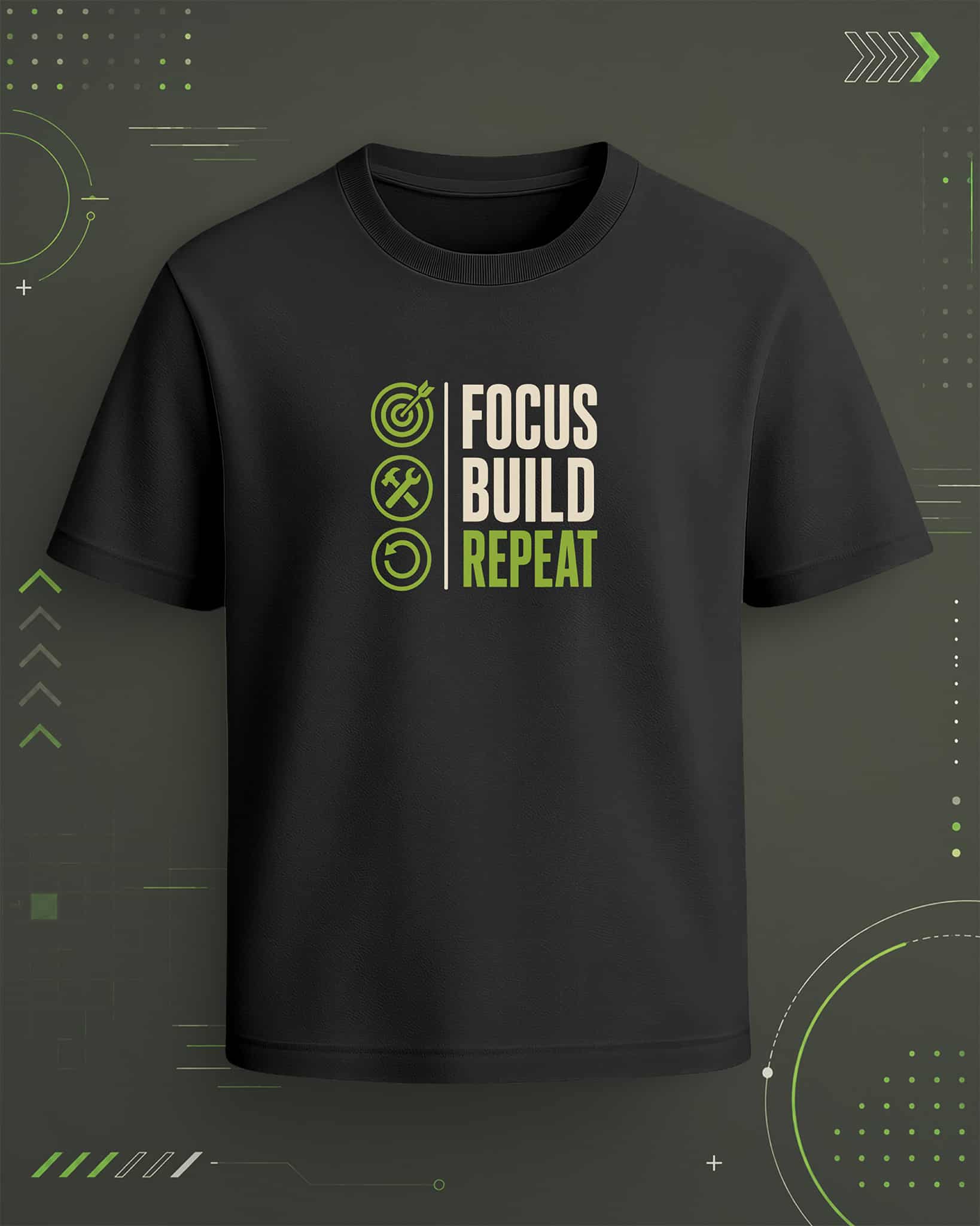 Black regular-fit T-shirt with “Focus Build Repeat” cream and green motivational graphic with goal, build, and repeat icons.