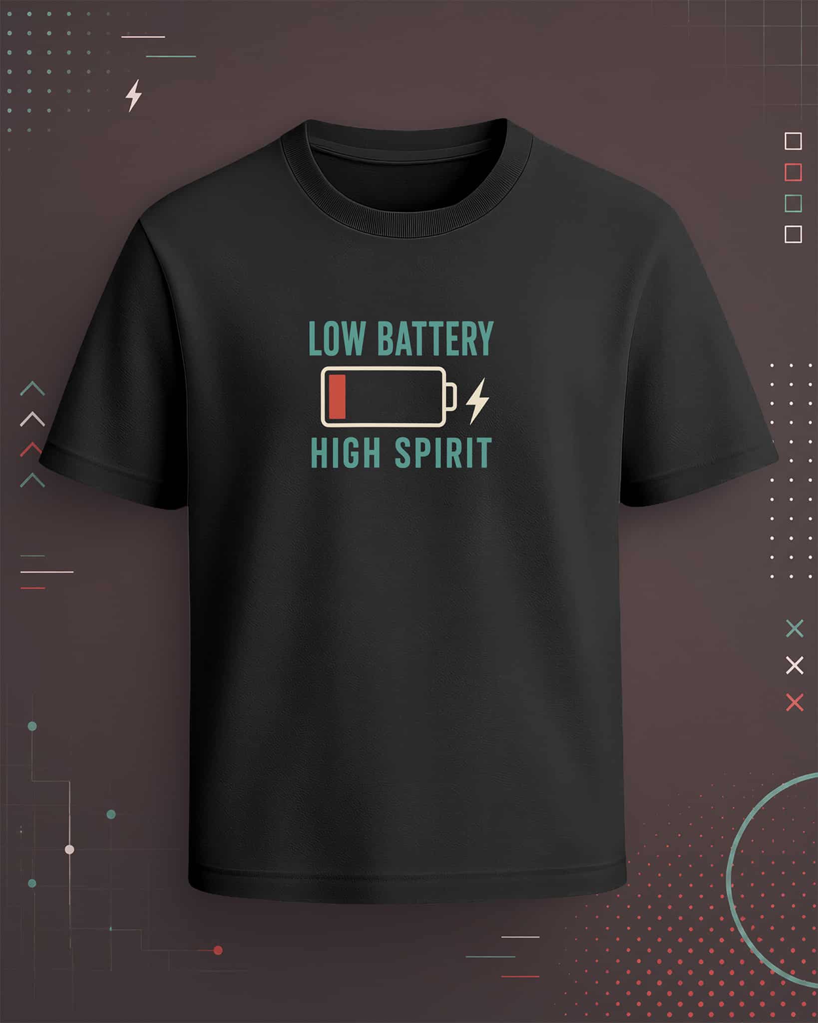 Black regular-fit T-shirt with “Low Battery High Spirit” teal text, battery icon, red low-charge detail, and lightning graphic.