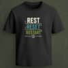 Black regular-fit T-shirt with “Rest Reset Restart” white, teal, and green tech-inspired graphic and power button design.