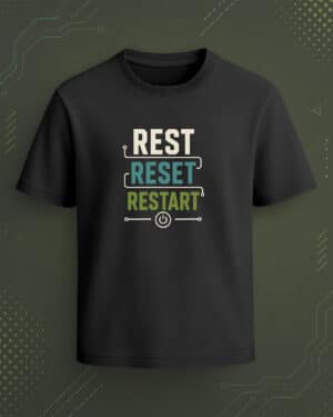Black regular-fit T-shirt with “Rest Reset Restart” white, teal, and green tech-inspired graphic and power button design.