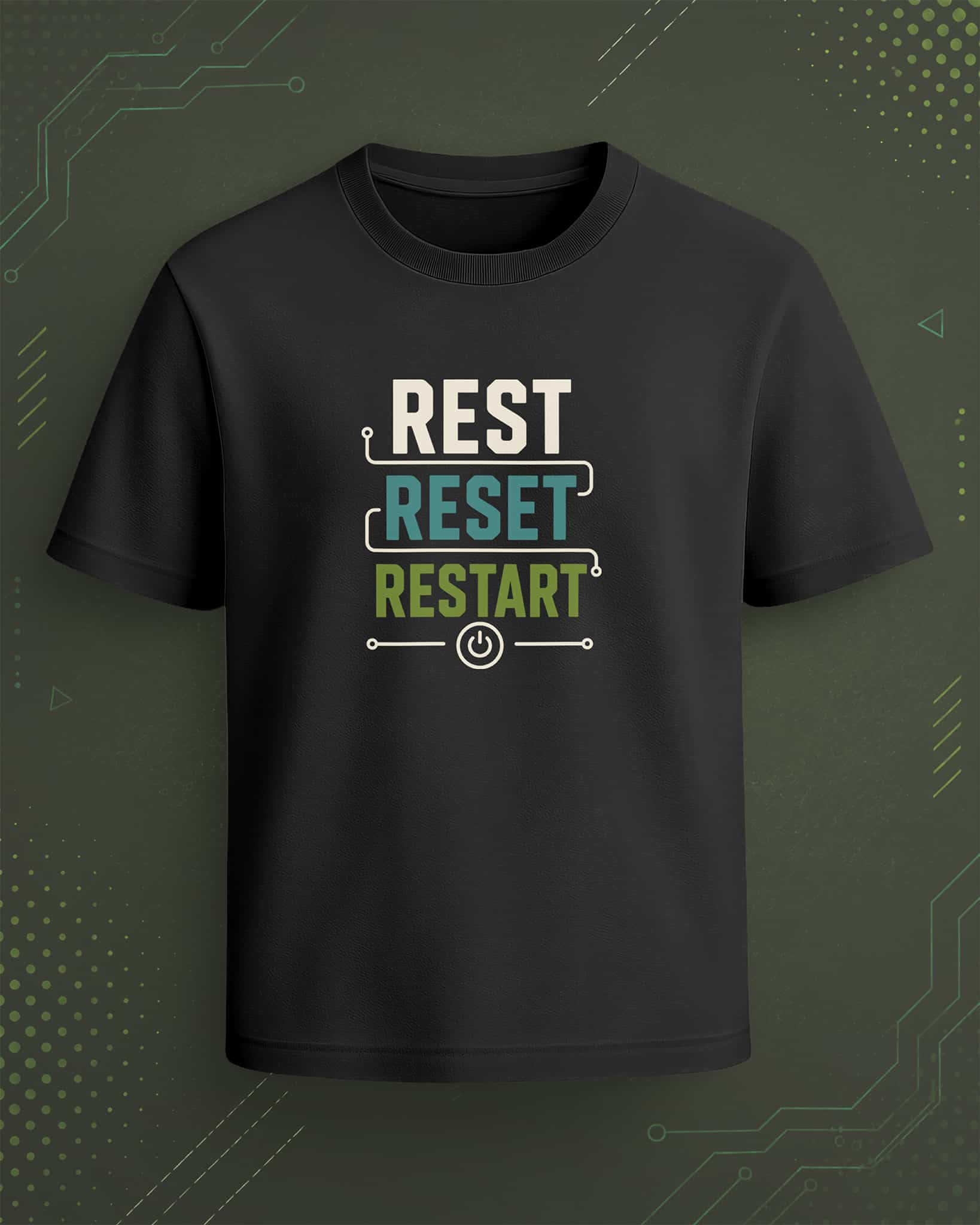 Black regular-fit T-shirt with “Rest Reset Restart” white, teal, and green tech-inspired graphic and power button design.