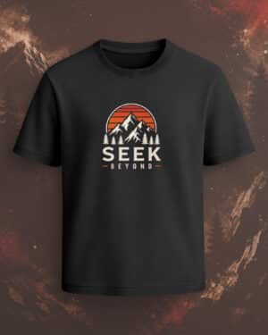 Black regular-fit T-shirt with “Seek Beyond” white text and mountain sunset outdoor graphic.