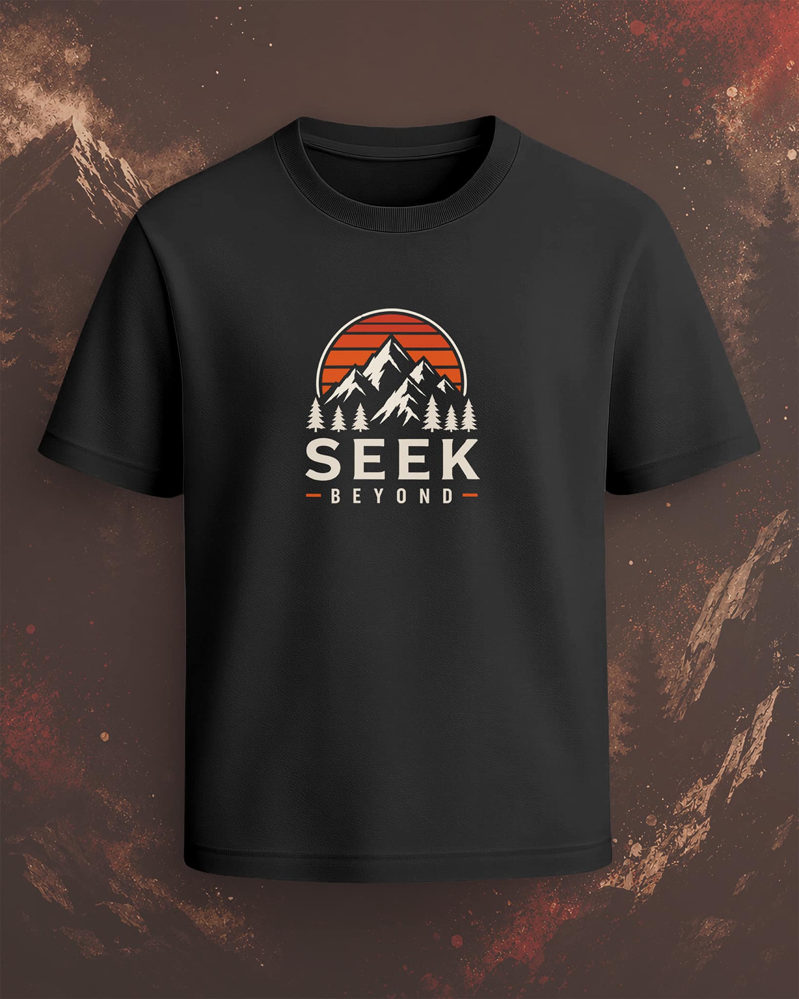 Black regular-fit T-shirt with “Seek Beyond” white text and mountain sunset outdoor graphic.