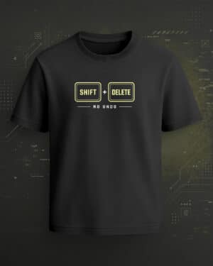 Black regular-fit T-shirt with “Shift Delete No Undo” cream keyboard shortcut graphic.