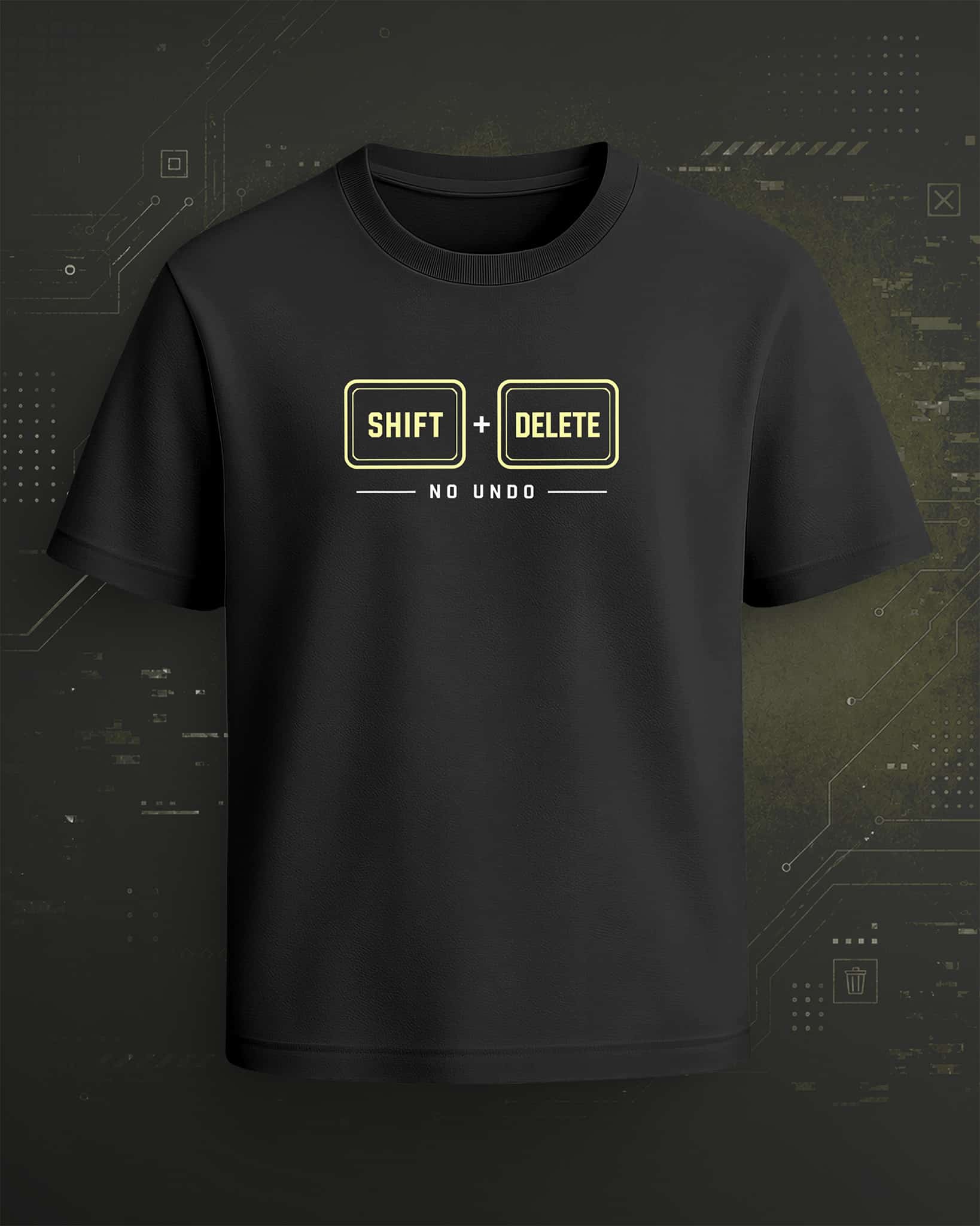 Black regular-fit T-shirt with “Shift Delete No Undo” cream keyboard shortcut graphic.