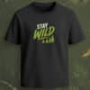 Black regular-fit T-shirt with “Stay Wild” green and white outdoor graphic featuring forest tree artwork.