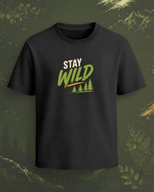 Black regular-fit T-shirt with “Stay Wild” green and white outdoor graphic featuring forest tree artwork.