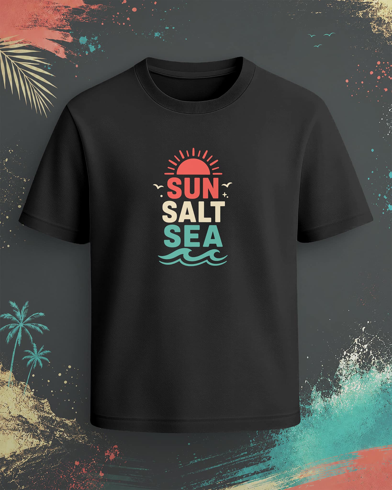 Black regular-fit T-shirt with “Sun Salt Sea” coral, cream, and aqua beach graphic featuring sun and wave artwork.