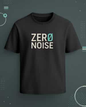 Black regular-fit T-shirt with “Zero Noise” cream text and teal slash accent graphic.
